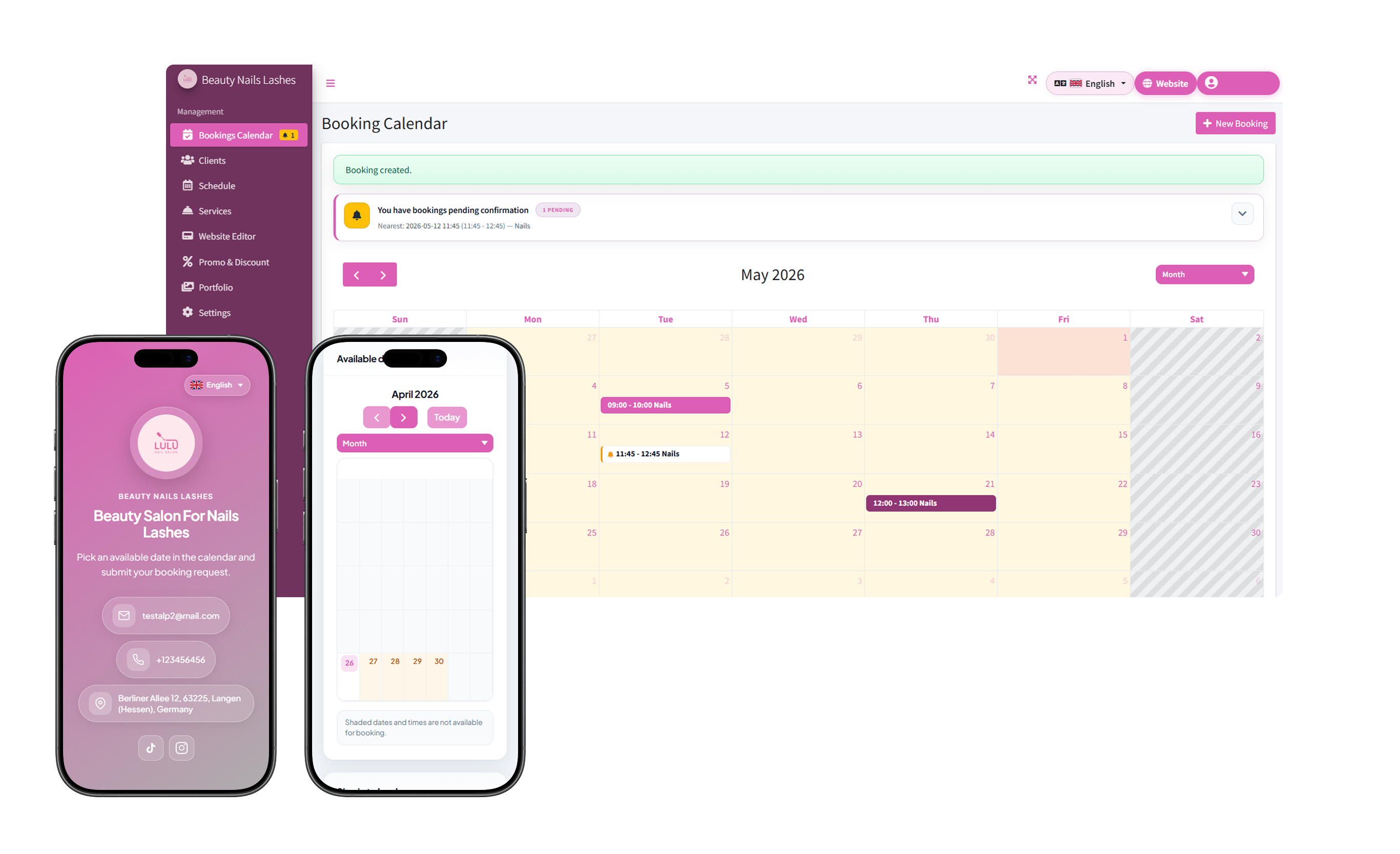 Beauty theme: admin calendar and client mobile interface