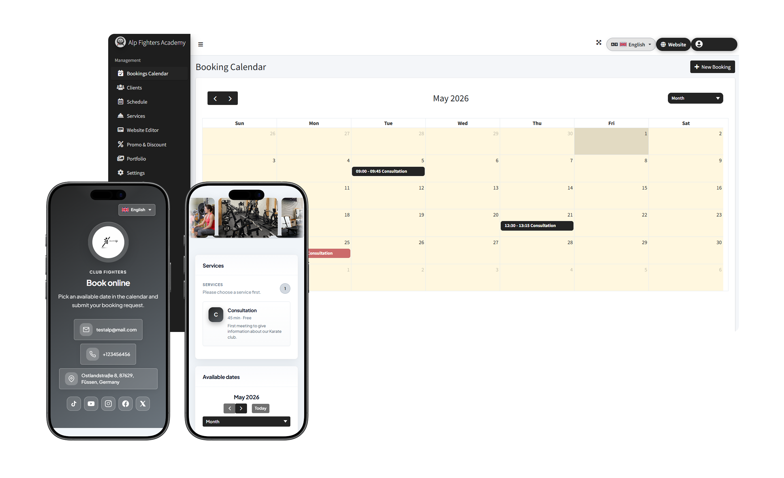 Academy theme: admin calendar and client mobile interface