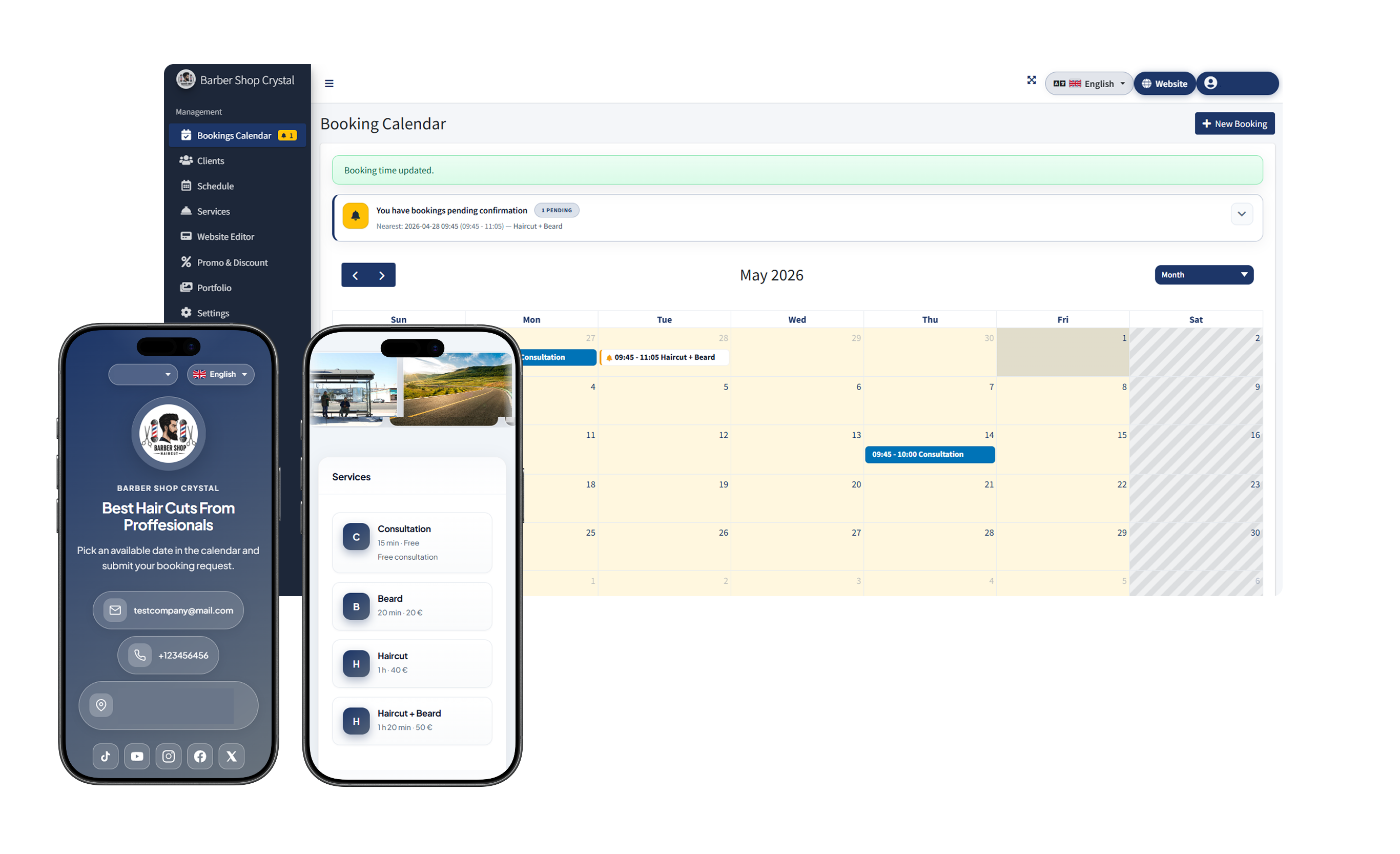 Barber theme: admin calendar and client mobile interface
