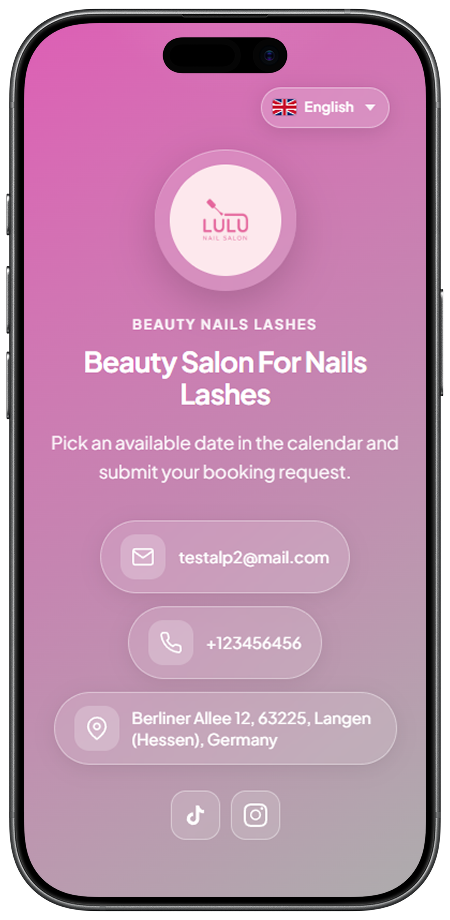 Mobile booking page example: beauty salon for nails and lashes