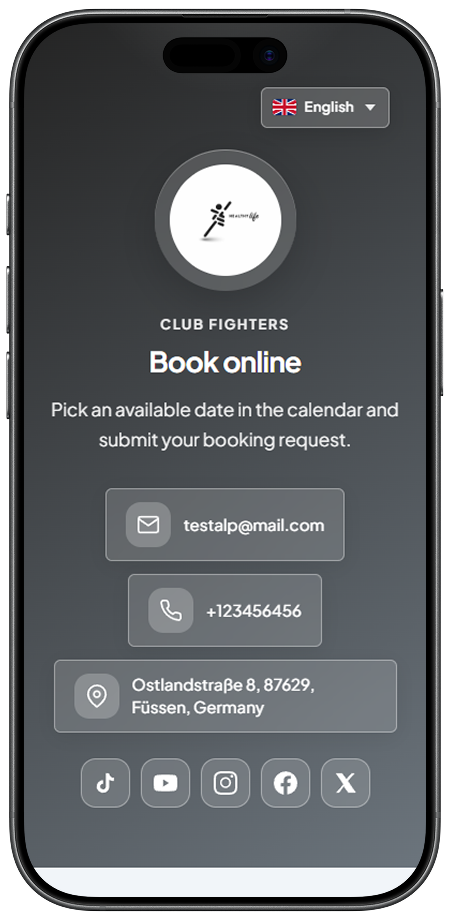 Mobile booking page example: martial arts academy