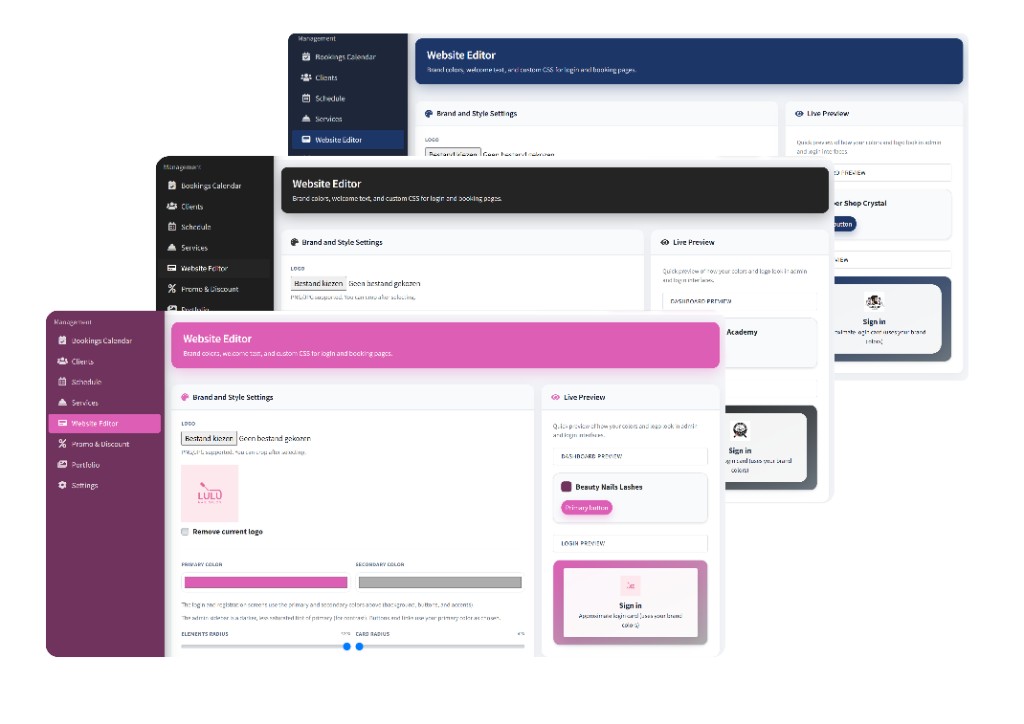 Website editor interface: brand settings and live preview