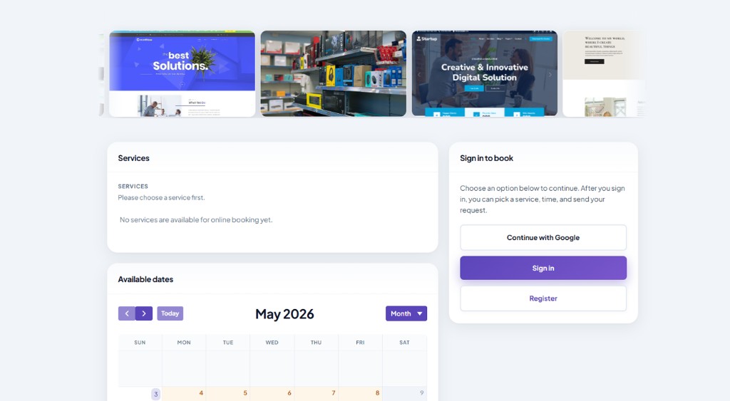 Booking page mockup with warm gold accents: studio gallery, services and login