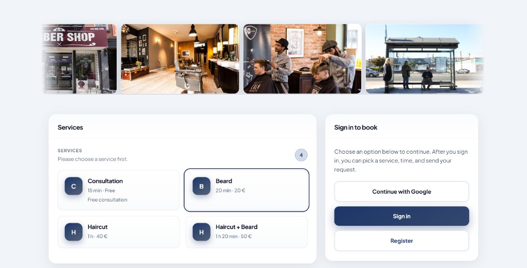 Booking page mockup with purple accents: gallery, services, sign-in and calendar